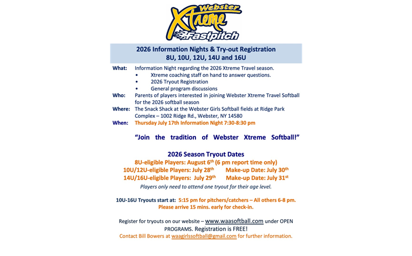 2026 Webster Xtreme Tryout Registration opens July 1st!